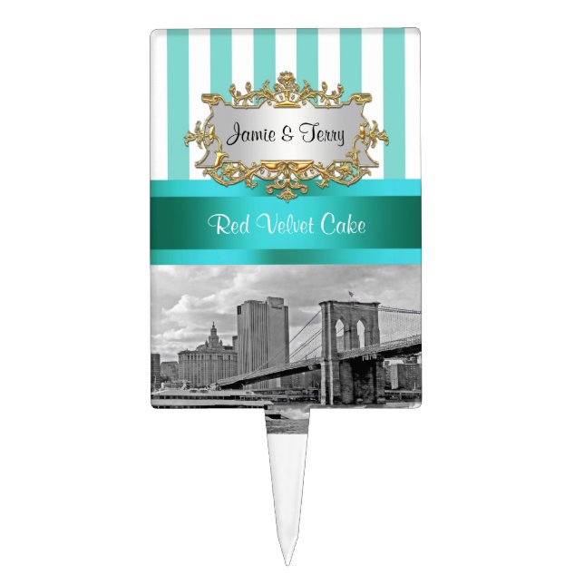 NYC Brooklyn Bridge Aqua Wht Stripe Teal Cake Topper (Front)