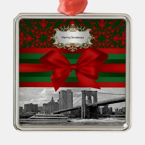 NYC Brooklyn Bridge Red Green Damask Bow Xmas Metal Ornament