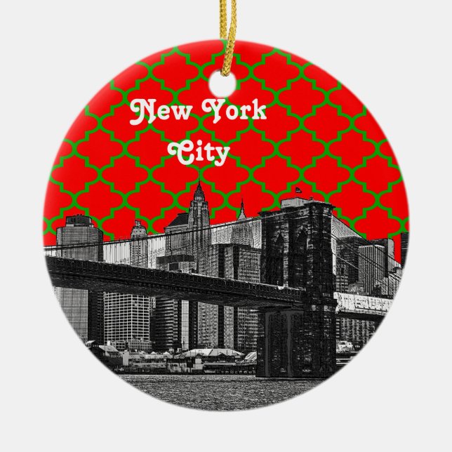 NYC Brooklyn Bridge Red Grn Quatrefoil Xmas Ceramic Ornament (Front)