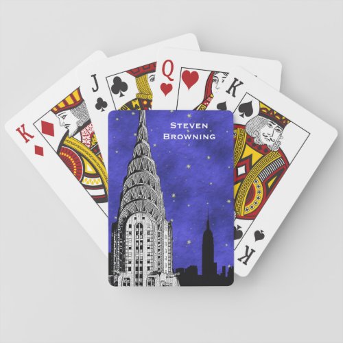 NYC Chrysler Bldg Skyline Silhouette Blue Starry Poker Cards