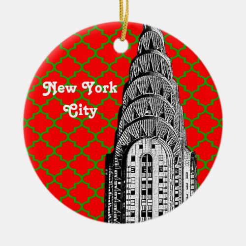 NYC Chrysler Building Dome Red Grn Quatrefoil Xmas Ceramic Ornament