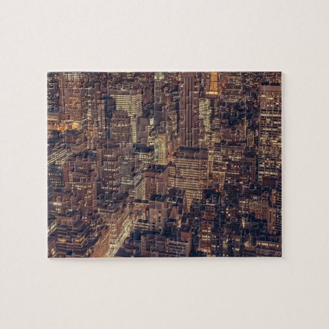 NYC City Buildings Skyscrapers Lights at Night Jigsaw Puzzle (Horizontal)