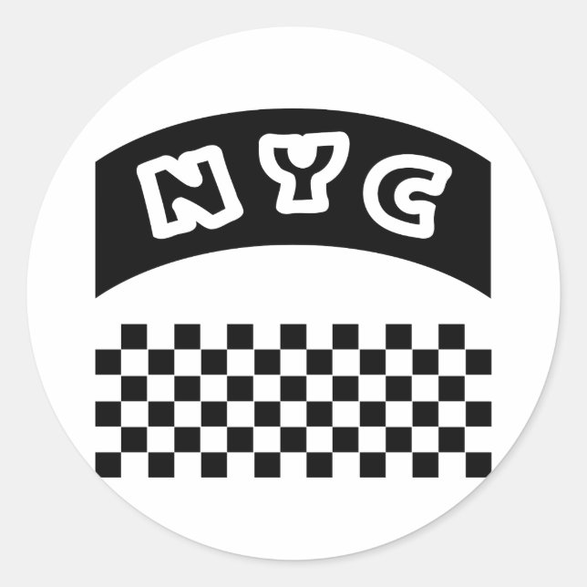 NYC Cutout With Taxi Checkerboard And Banner Classic Round Sticker (Front)
