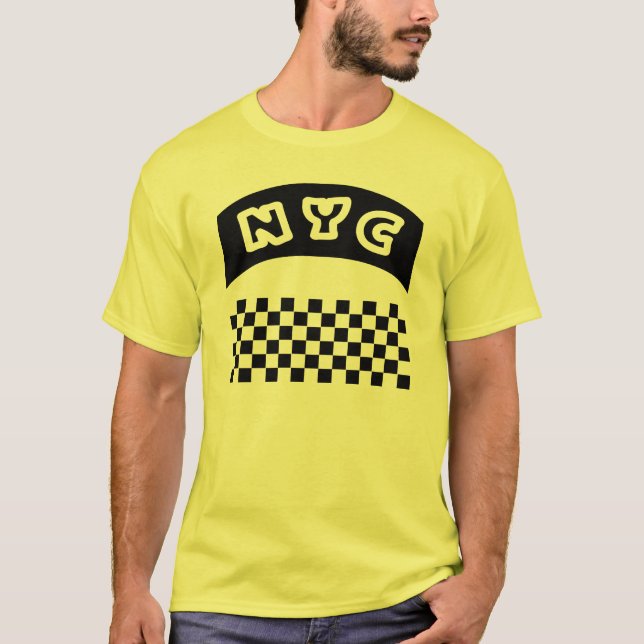 NYC Cutout With Taxi Checkerboard And Banner T-Shirt (Front)