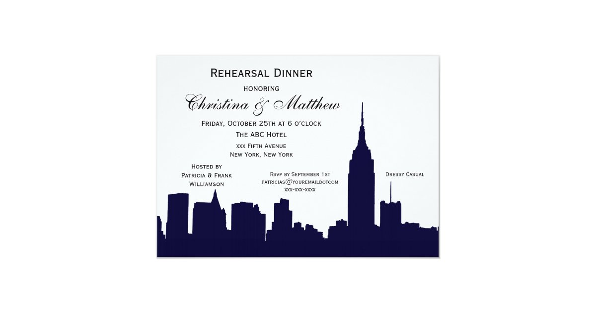 Nyc Dark Blue Skyline Silhouette Rehearsal Dinner Invitation