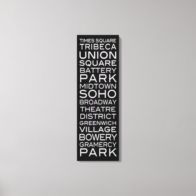 NYC Districts Parks & Neighborhoods | on Black Canvas Print (Front)