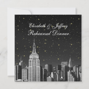 NYC ESB Skyline Etched Black Star Rehearsal Dinner Invitation