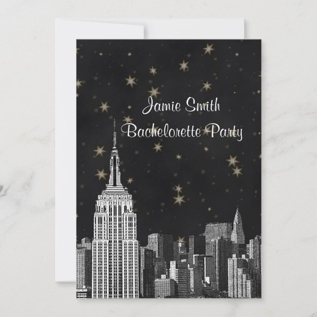 NYC ESB Skyline Etched Black Starry Bachelorette V Invitation (Front)