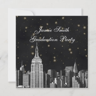 NYC ESB Skyline Etched Black Starry Graduation Invitation