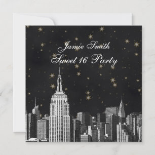 NYC ESB Skyline Etched Black Starry Sweet 16 Invitation
