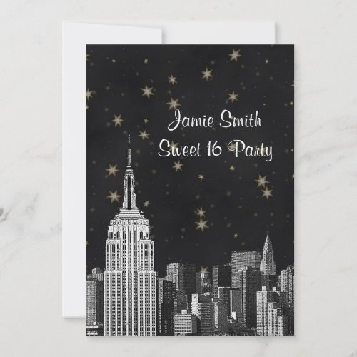 NYC ESB Skyline Etched Black Starry Sweet 16 V Personalized Announcements