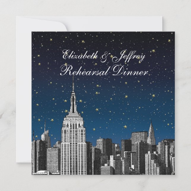 NYC ESB Skyline Etched Blue Star Rehearsal Dinner Invitation (Front)