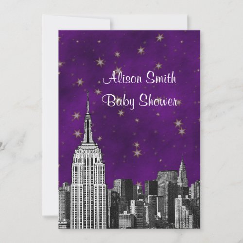 NYC ESB Skyline Etched Purple Starry Baby Shower V Invitation