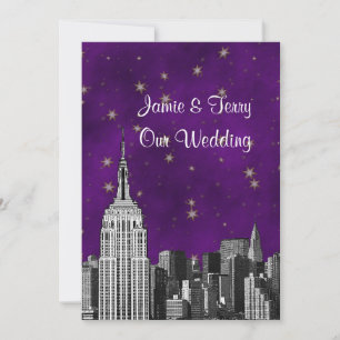 NYC ESB Skyline Etched Purple Starry Wedding Invitation