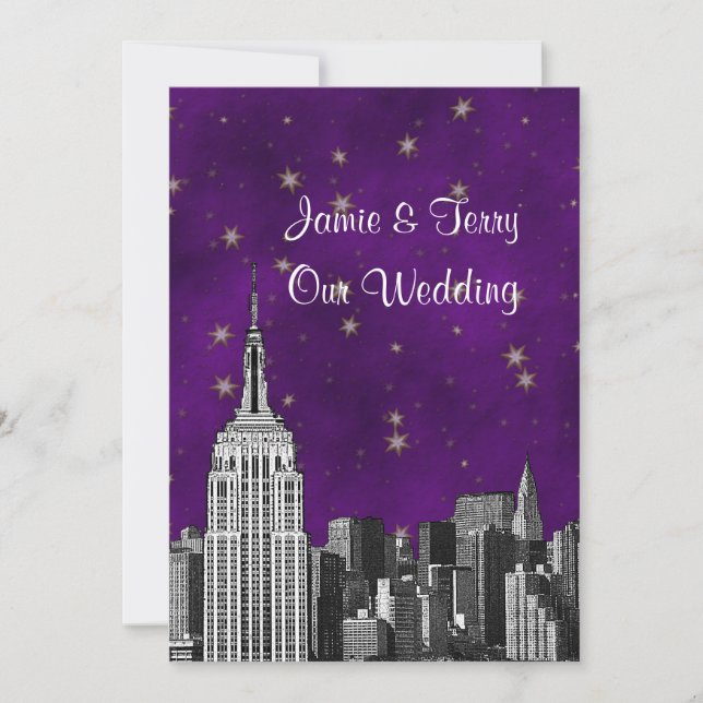 NYC ESB Skyline Etched Purple Starry Wedding Invitation (Front)