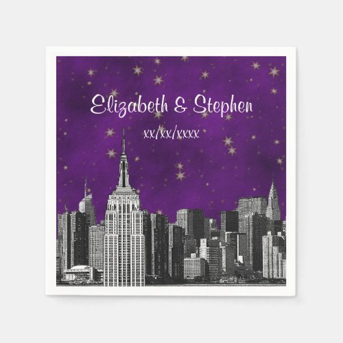 NYC ESB Skyline Etched Purple Starry Wedding Paper Napkins