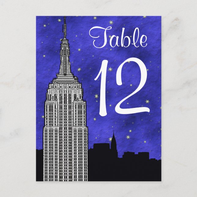 NYC ESB Skyline Silhouette Blu Starry Table Number (Front)