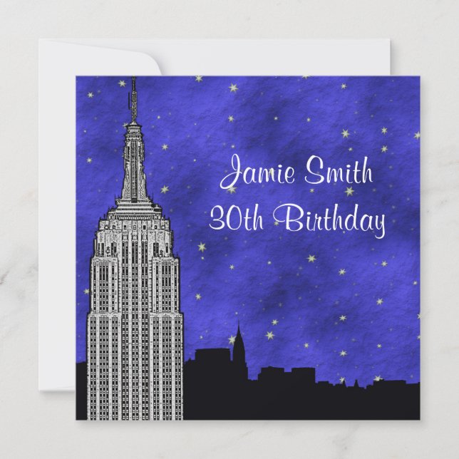 NYC ESB Skyline Silhouette Blue Starry BG Birthday Invitation (Front)