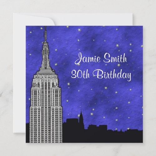 NYC ESB Skyline Silhouette Blue Starry BG Birthday Invitation