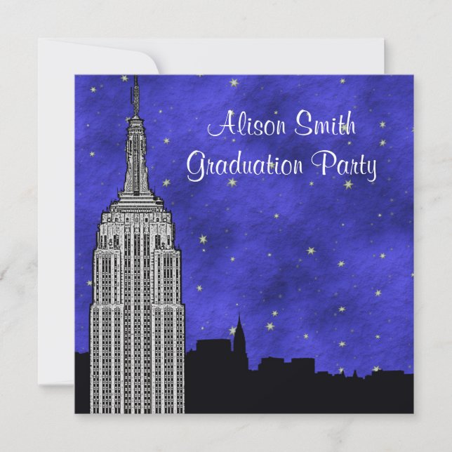 NYC ESB Skyline Silhouette Blue Starry Graduation Invitation (Front)