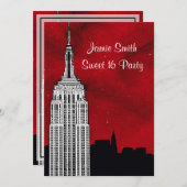NYC ESB Skyline Silhouette Red Starry BG2 Sweet 16 Invitation (Front/Back)