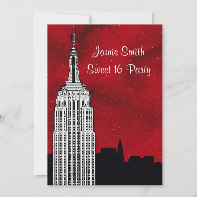 NYC ESB Skyline Silhouette Red Starry BG2 Sweet 16 Invitation (Front)