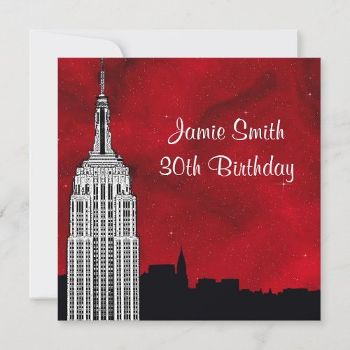 NYC ESB Skyline Silhouette Red Starry BG Birthday Invitation