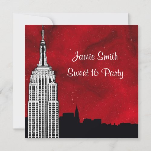 NYC ESB Skyline Silhouette Red Starry BG Sweet 16 Invitation