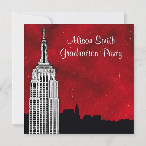 NYC ESB Skyline Silhouette Red Starry Graduation Invitation