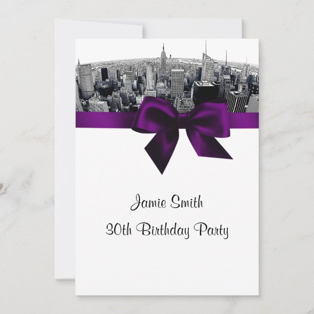 NYC Etched Fisheye Skyline BW Purple Birthday Invitation (Front)