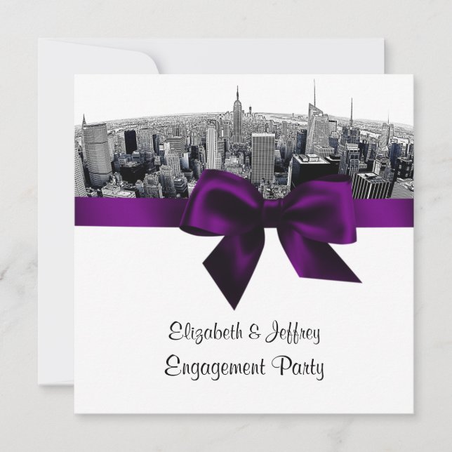 NYC Etched Fisheye Skyline BW Purple Engagement SQ Invitation (Front)