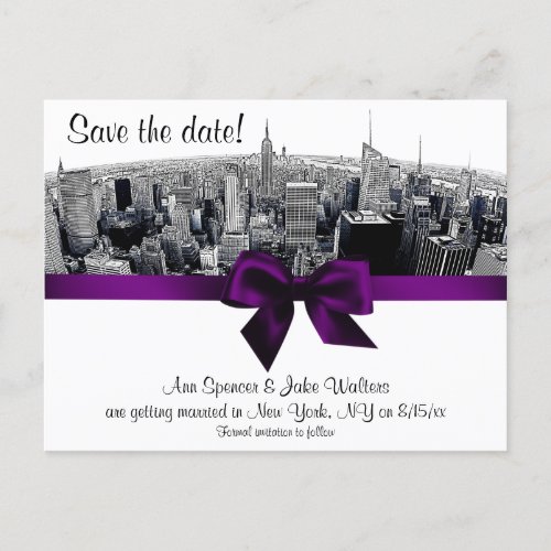 NYC Etched Fisheye Skyline BW Purple Save the Date Announcement Postcard