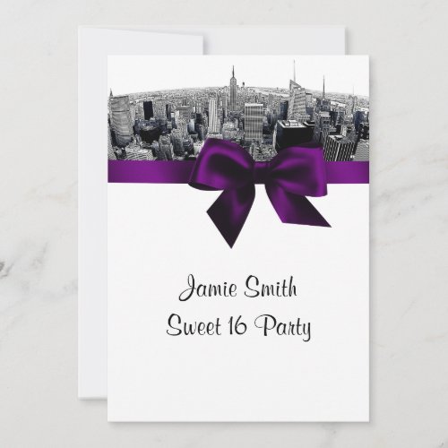 NYC Etched Fisheye Skyline BW Purple Sweet 16 Invitation