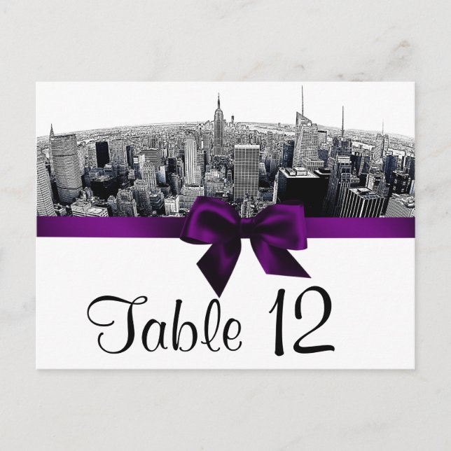 NYC Etched Fisheye Skyline BW Purple Table Number (Front)