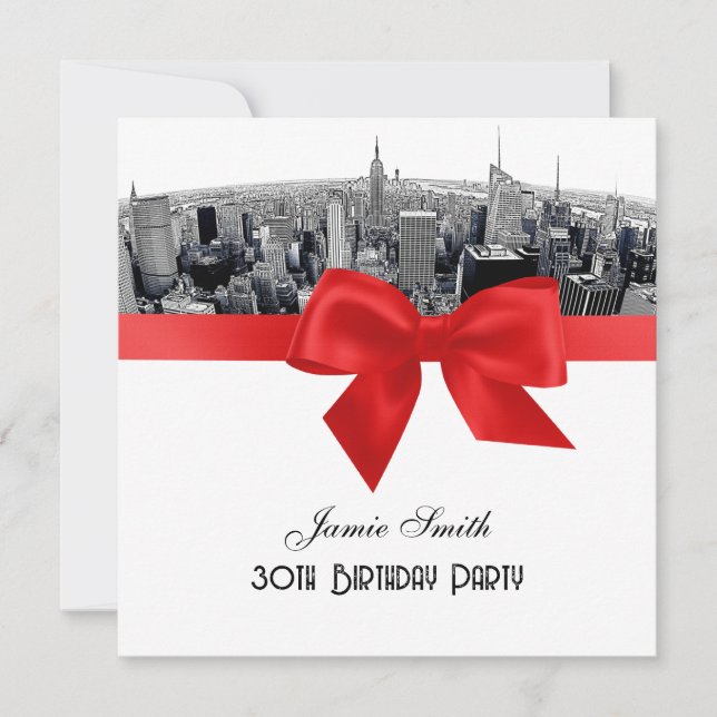 NYC Etched Fisheye Skyline BW Red Birthday SQ Invitation (Front)