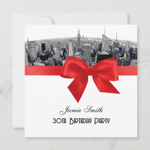 NYC Etched Fisheye Skyline BW Red Birthday SQ Custom Invite