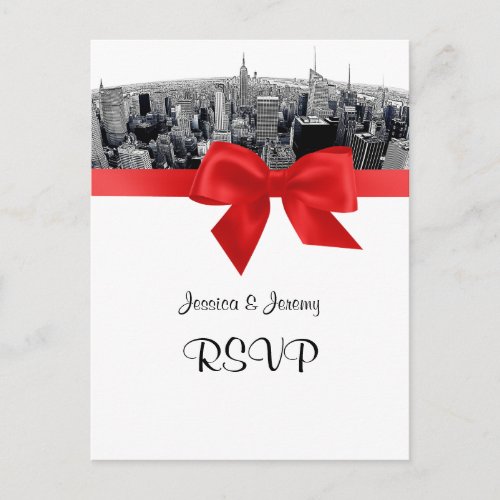 NYC Etched Fisheye Skyline BW Red RSVP 1 Invitation Postcard