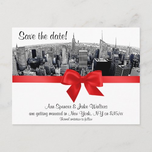 NYC Etched Fisheye Skyline BW Red Save the Date Announcement Postcard