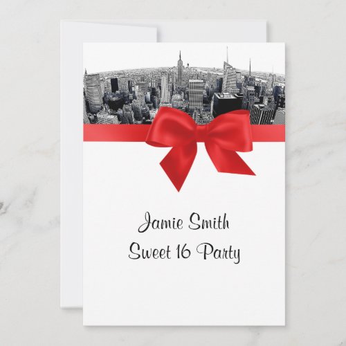NYC Etched Fisheye Skyline BW Red Sweet 16 Invitation