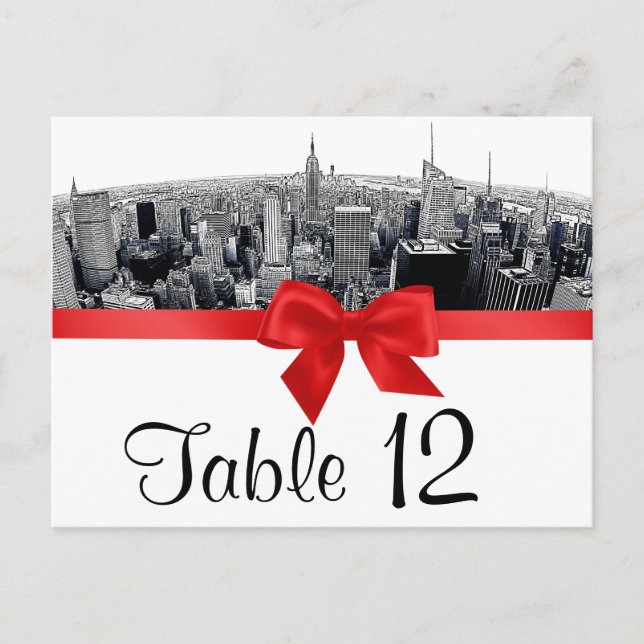 NYC Etched Fisheye Skyline BW Red Table Number (Front)