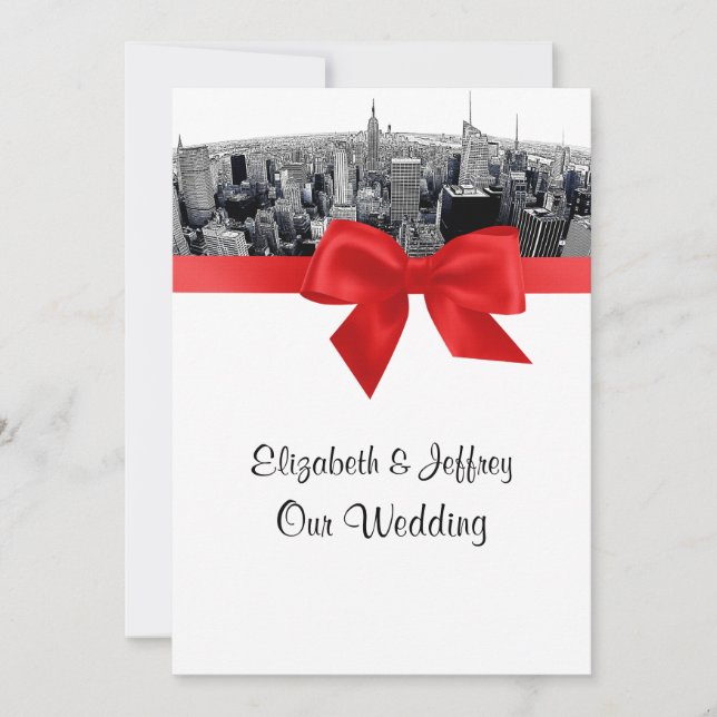 NYC Etched Fisheye Skyline BW Red Wedding Invitation (Front)