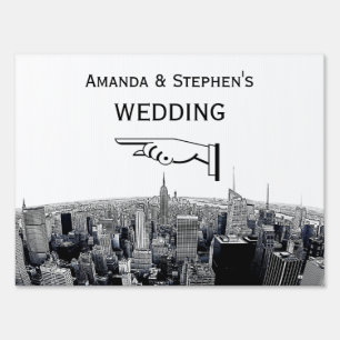 NYC Etched Fisheye Skyline BW Wedding Sign Medium