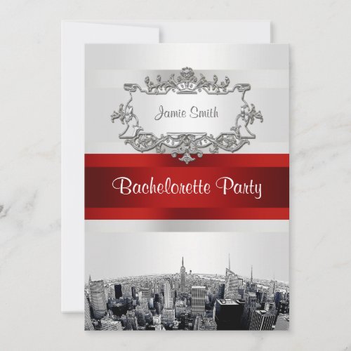 NYC Etched Skyline 2, White, Red Rbn Bachelorette Custom Invitations