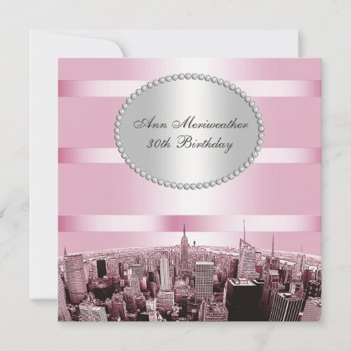 NYC Etched Skyline 2A Pink Black Birthday Invitation