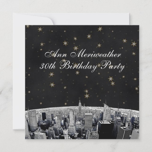 NYC Etched Skyline Black Gold Stars Birthday Invitation (Front)