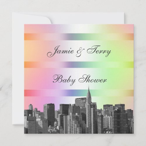 NYC Etched Skyline Pastel Rainbow 3 Baby Shower Invitation