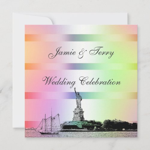 NYC Etched Skyline Pastel Rainbow 4 Wedding Invit Invitation