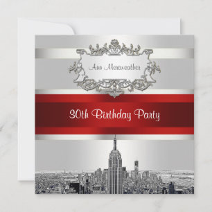 NYC Etched Skyline, White BG, Red Ribbon Birthday Invitation