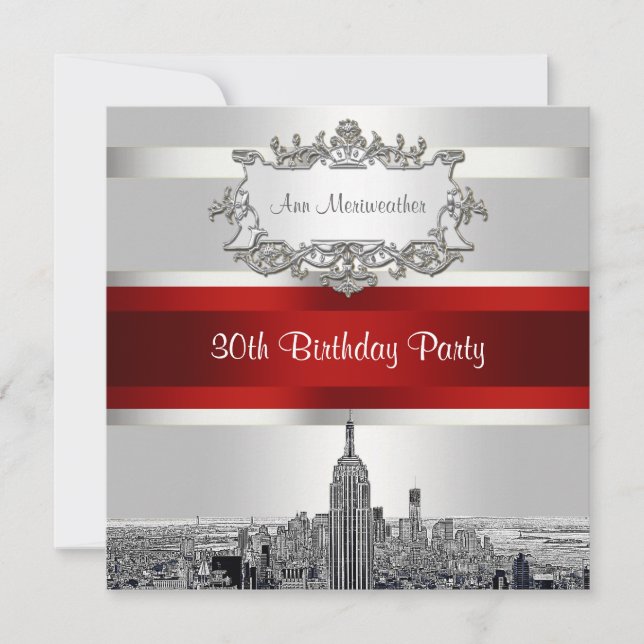NYC Etched Skyline, White BG, Red Ribbon Birthday Invitation (Front)