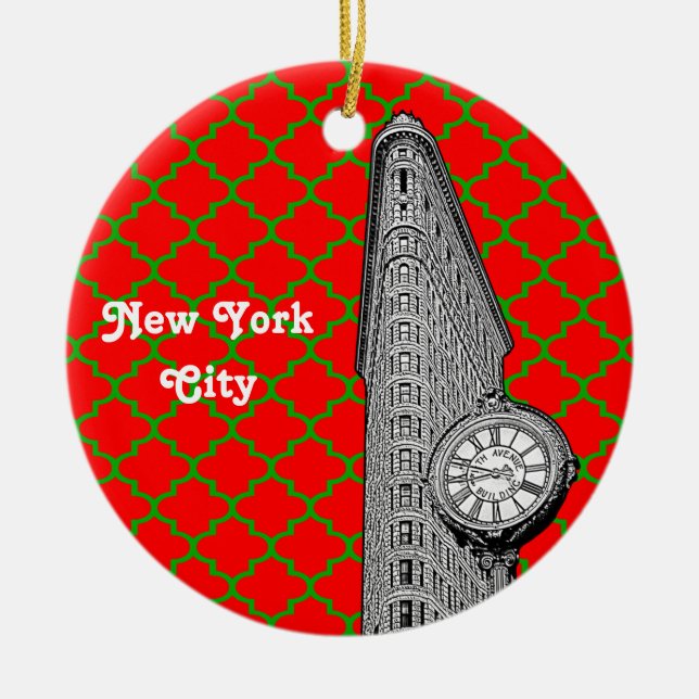 NYC Flatiron Building Red Grn Quatrefoil Xmas Ceramic Ornament (Front)